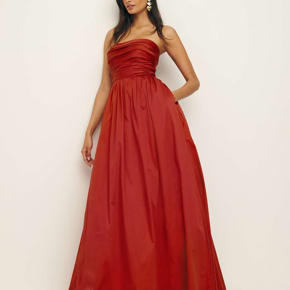 Reformation Red Strapless Ruched Gown